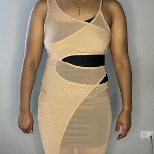 Elegant Beige Mesh Cut-Out Dress